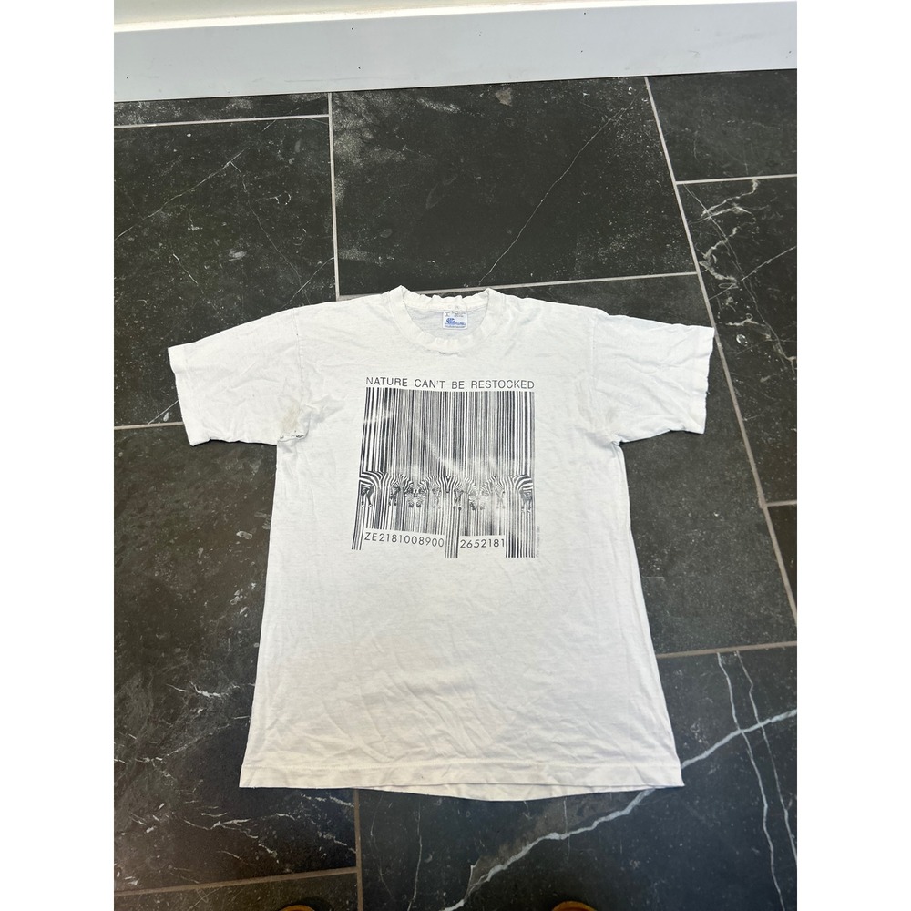 Vintage Human-i-Tees Nature Can't Be Restocked Zebra Barcode Shirt White Large